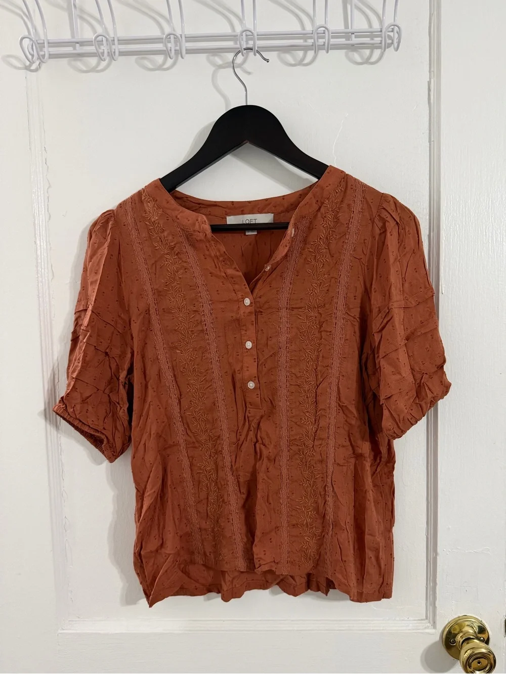 LOFT Rust Embroidered Button-Front Short Sleeve Blouse
